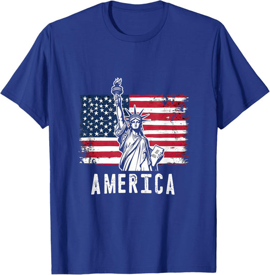 America Flag with Statue of Liberty Vintage Art T-Shirt - T-Shirt | Royal