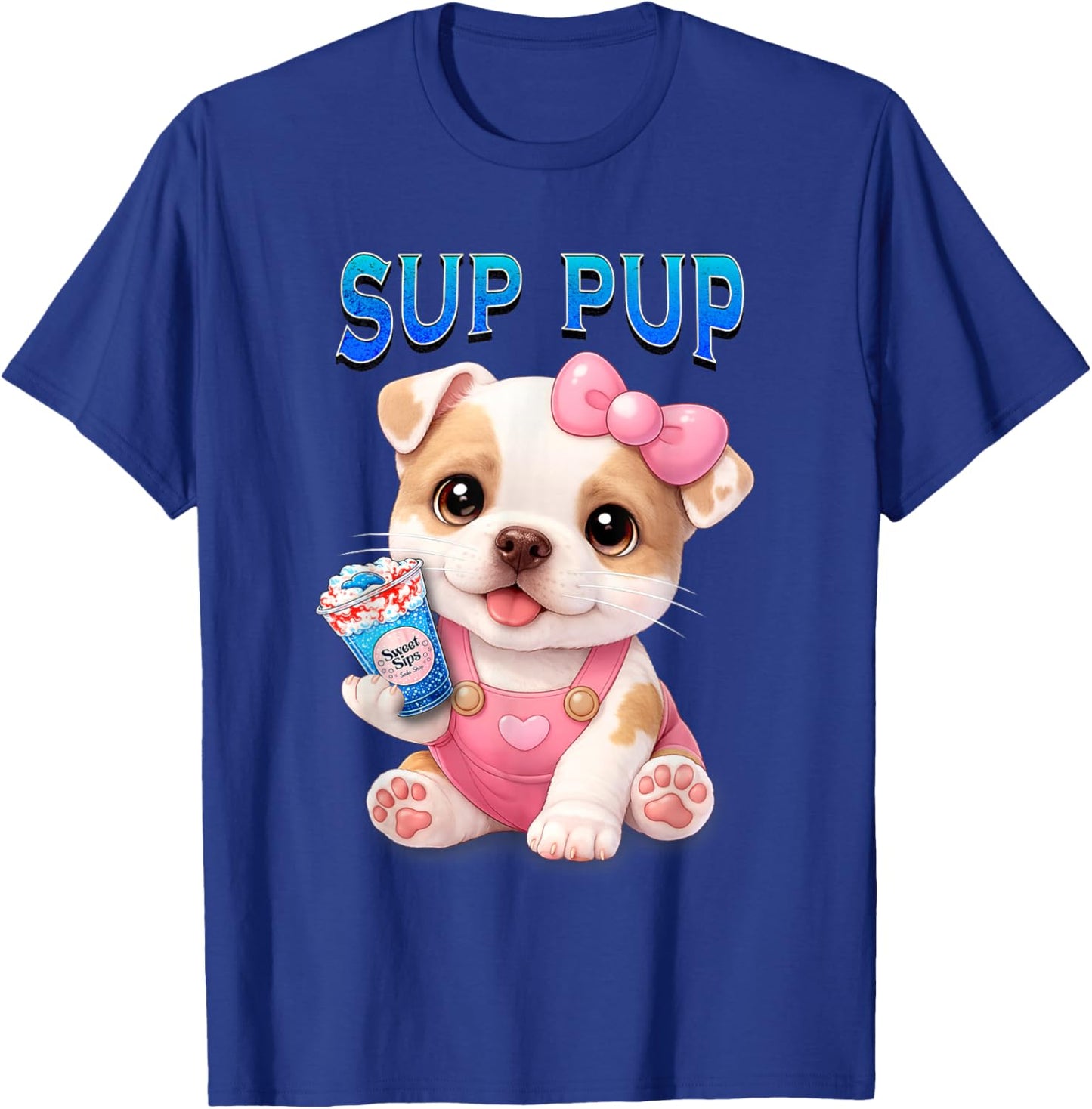 Sup Pup Cute Pitbull Puppy with Sweet Sips Cartoon Dog T-Shirt - T-Shirt | Royal