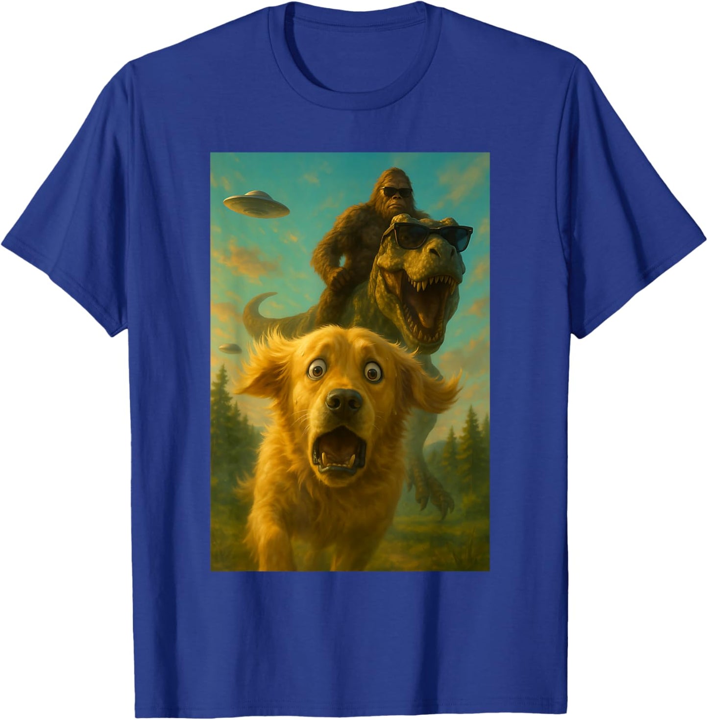 Terrified Golden Retriever T-Rex Bigfoot UFO Selfie Design T-Shirt - T-Shirt | Royal