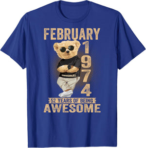(ON Back) February 1974 52nd Birthday 52 Years Teddy Bear T-Shirt - T-Shirt | Royal