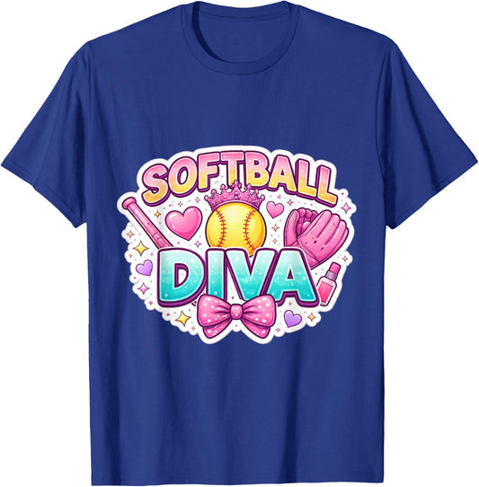 Girls Softball Diva Funny Player Coach Fan Lover Quote Cute T-Shirt - T-Shirt | Royal