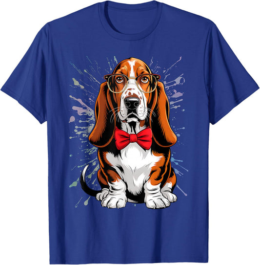 Basset Hound Dog in Classic Eyeglass and Bow Tie, Men Women T-Shirt - T-Shirt | Royal