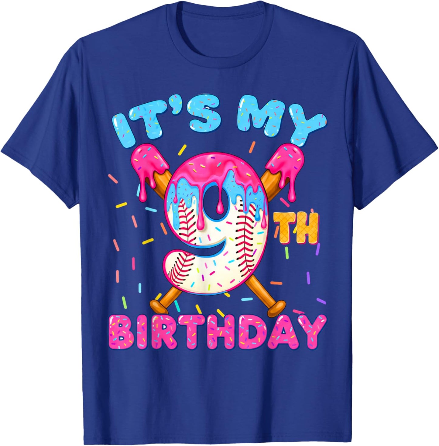 9th Birthday Baseball 9 Year Old Ice Cream Drip Boy Baseball T-Shirt - T-Shirt | Royal