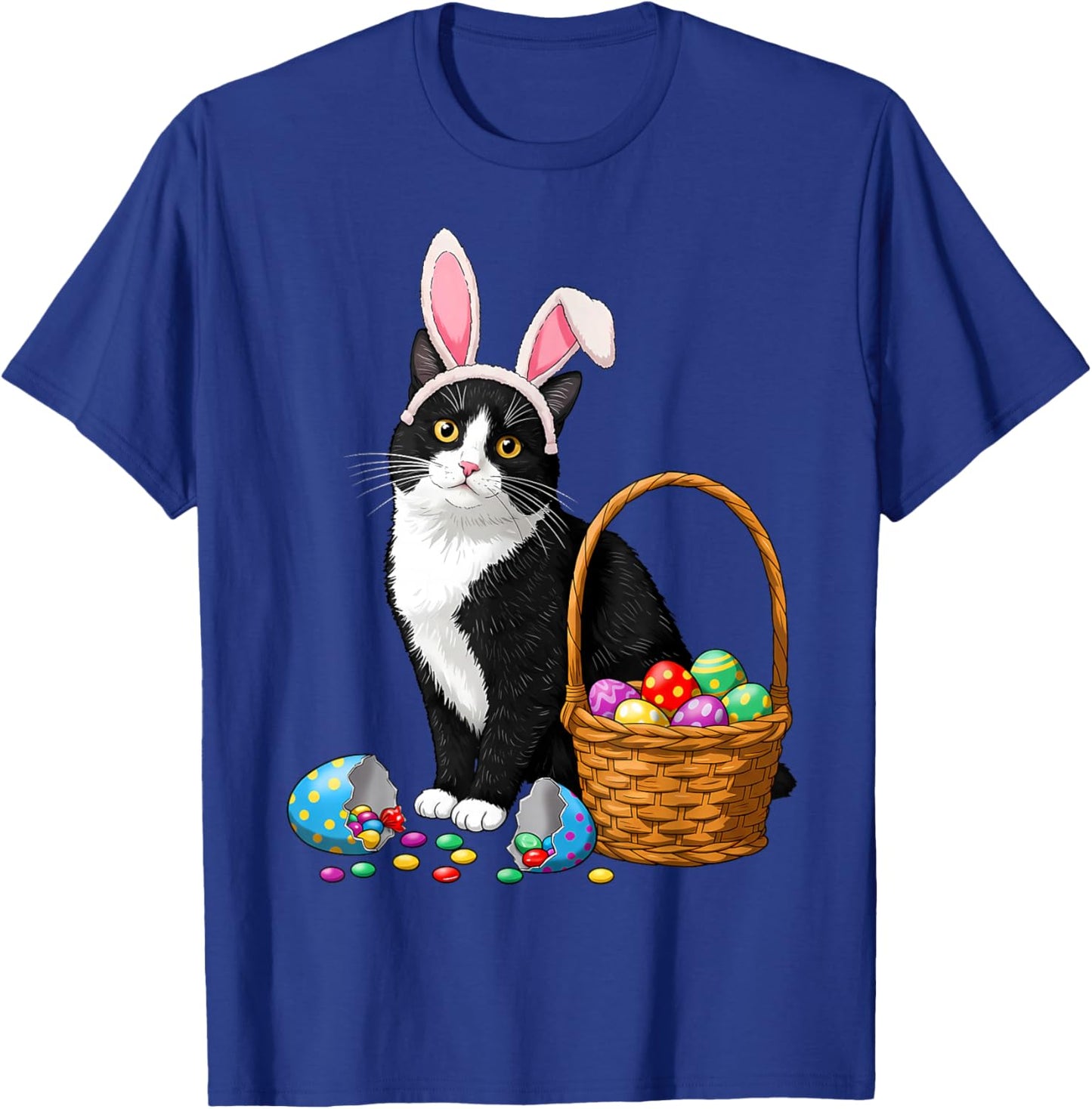 Easter Day Cat Bunny Ears Eggs Graphic Men Women Kids Funny T-Shirt - T-Shirt | Royal