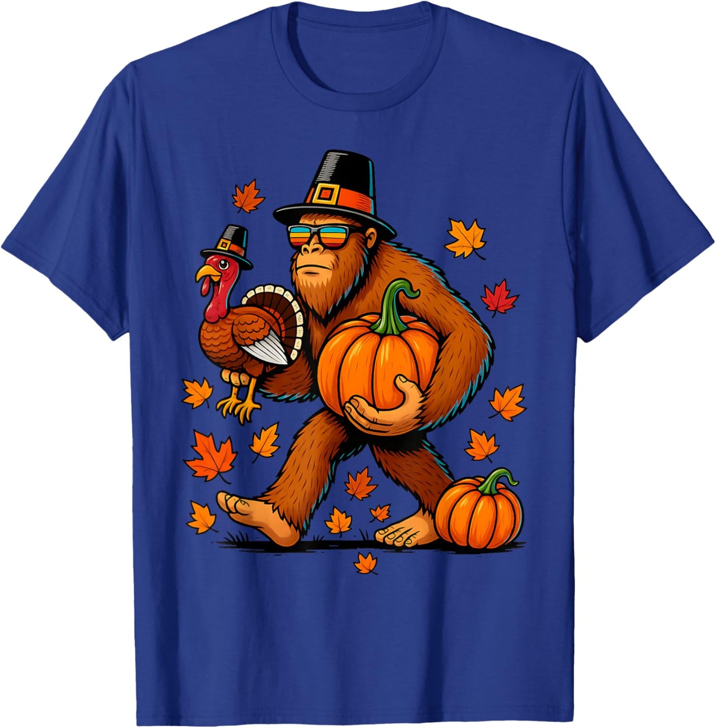 Pilgrim Turkey Pumpkin Thanksgiving Day Bigfoot Boys Men T-Shirt - T-Shirt | Royal