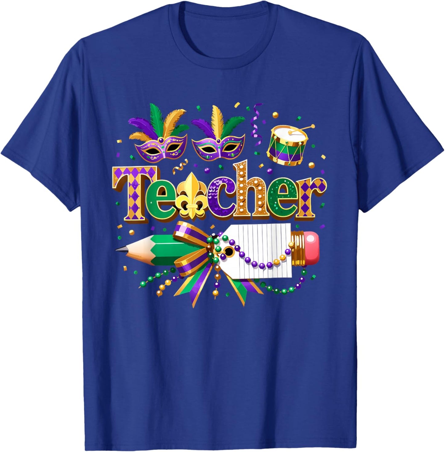 Custom Mardi Gras Teacher Coquette Pencil Holiday Mask Bow T-Shirt - T-Shirt | Royal