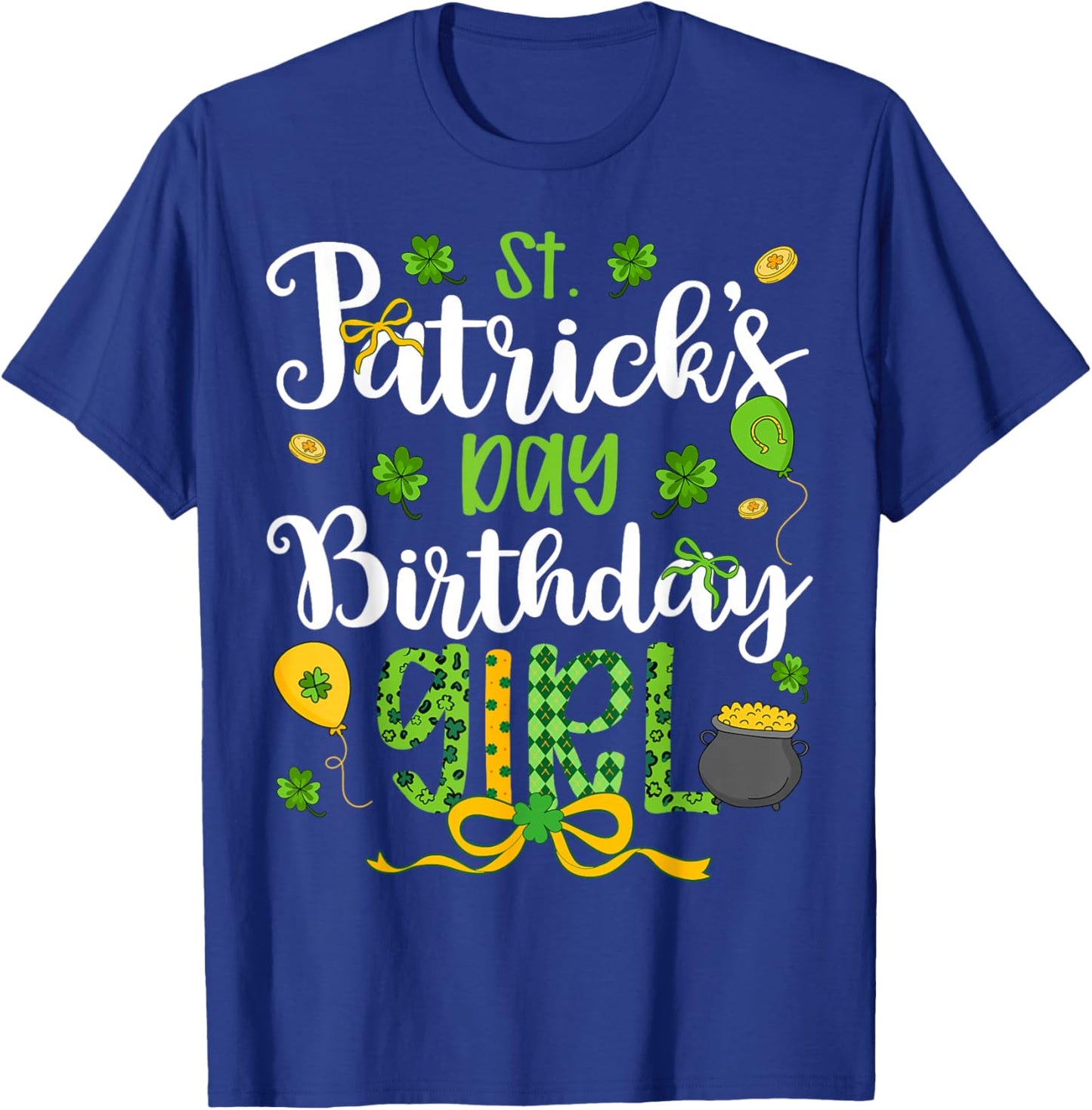 St Patricks Day Birthday Girl Coquette Bow Shamnrock Ballon T-Shirt - T-Shirt | Royal