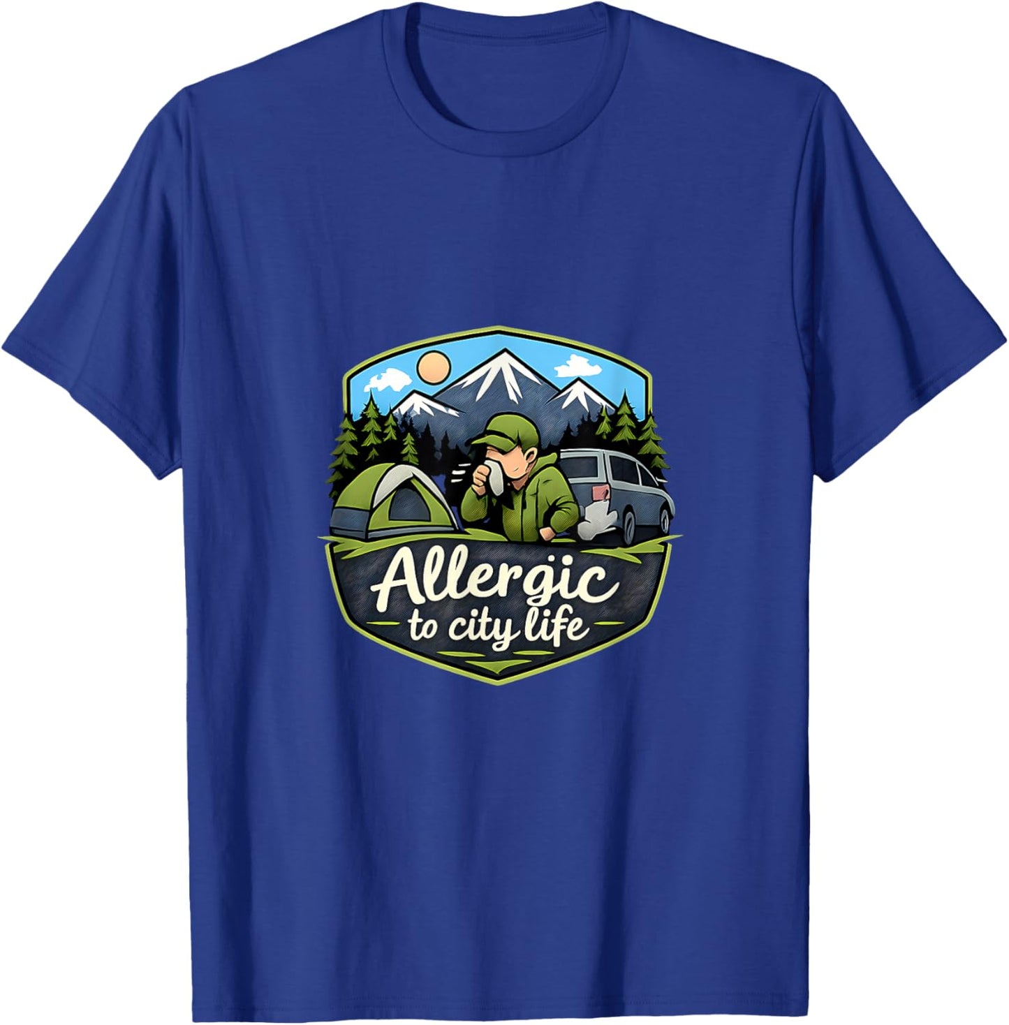 Allergic to City Life Camping Mountain Badge T-Shirt - T-Shirt | Royal