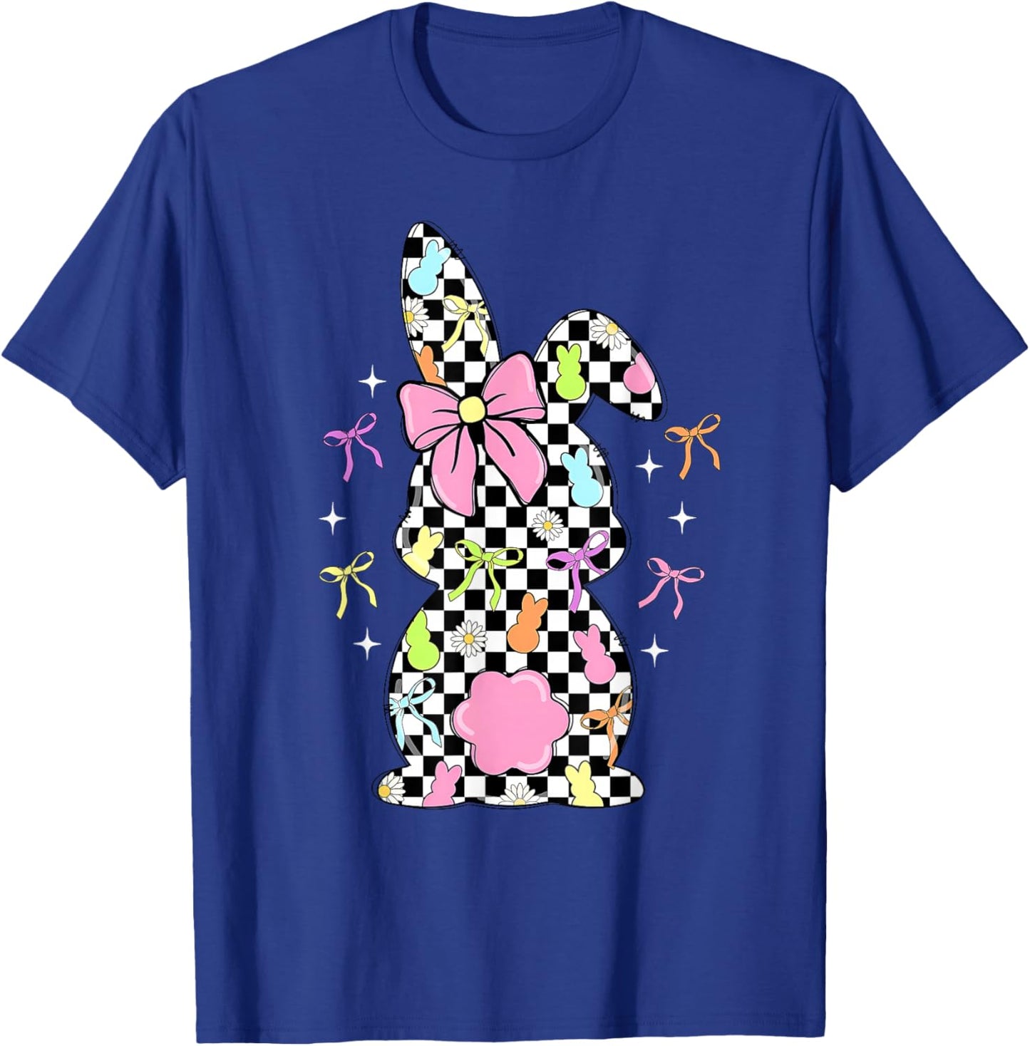 Funny Bunny Checkered Coquette Bow Rabbit Eggs Easter Retro T-Shirt - T-Shirt | Royal