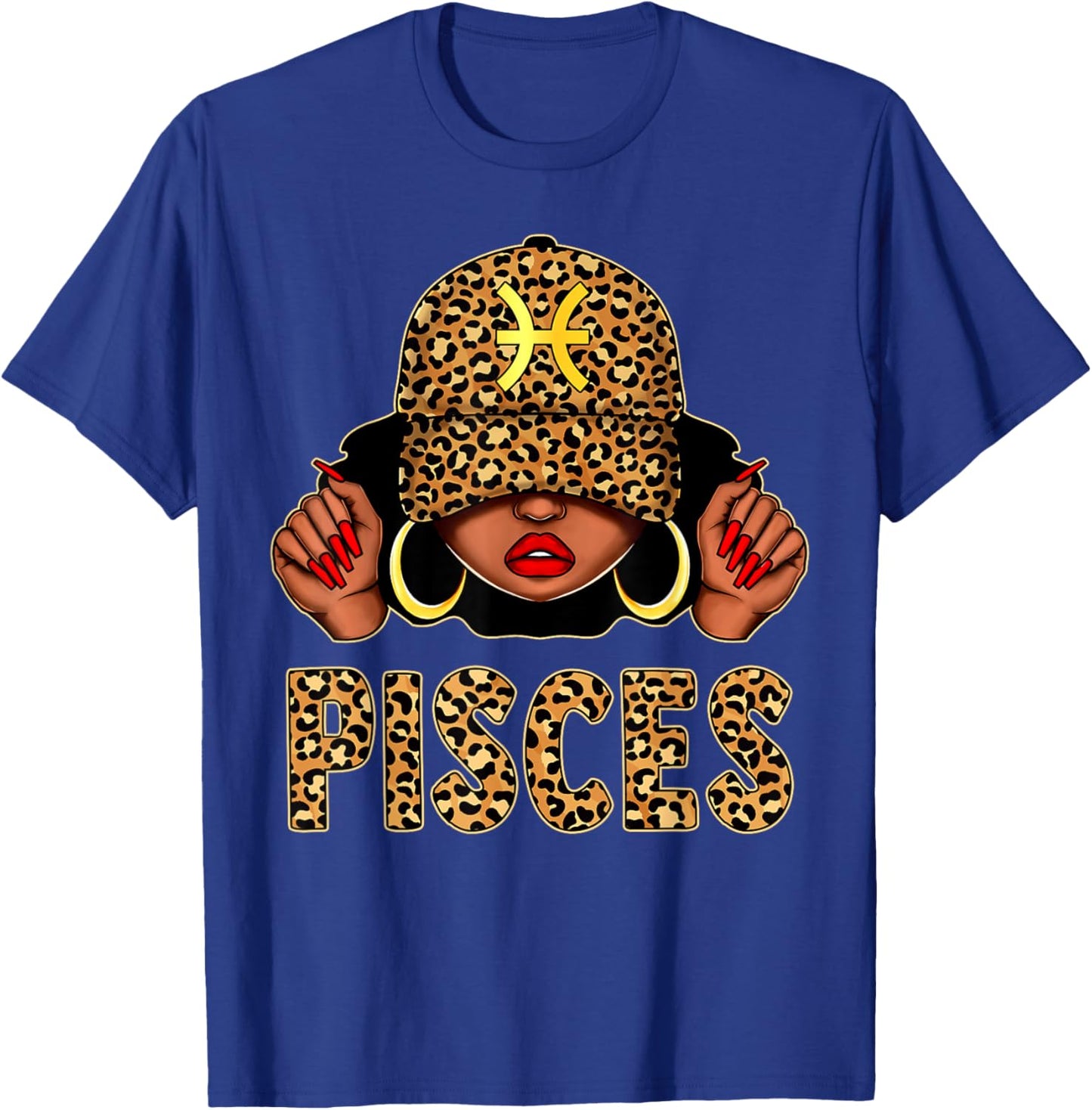Pisces Black Woman Leopard Cap Hat Zodiac Sign Birthday T-Shirt - T-Shirt | Royal