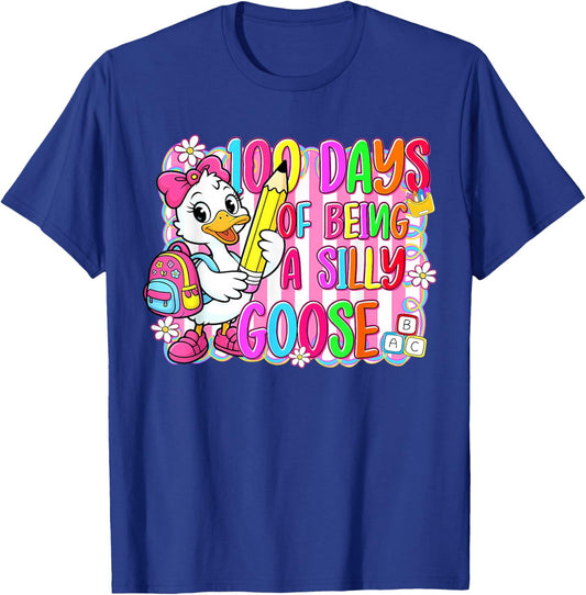 100 Days of Being Silly School Goose Floral Coquette Bow T-Shirt - T-Shirt | Royal