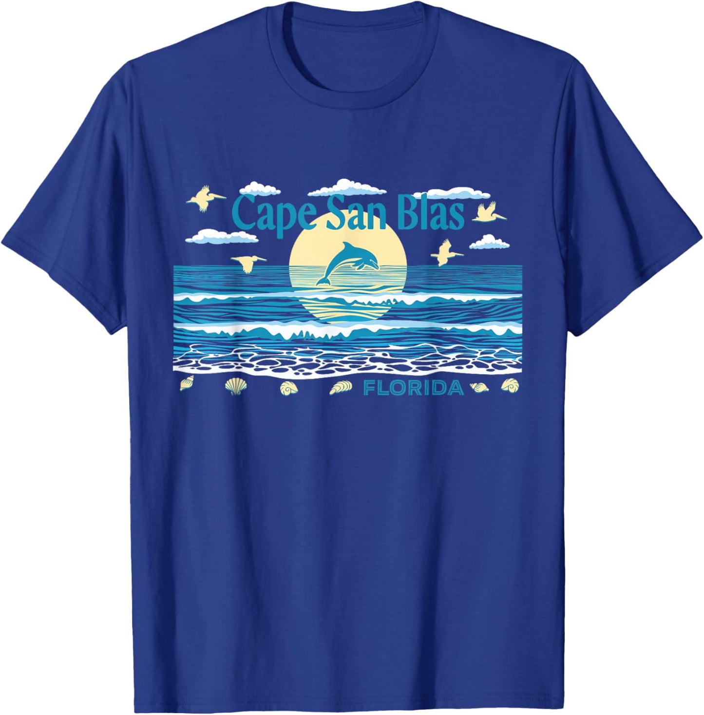 Cape San Blas FL Dolphin Pelican Waves Beach Vacation T-Shirt - T-Shirt | Royal