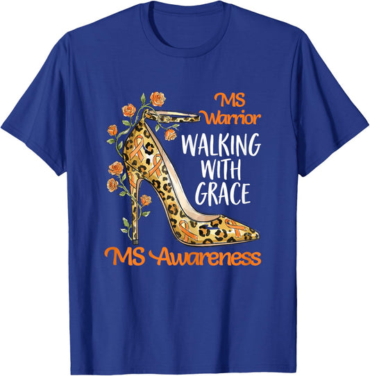 MS Warrior Walking with Grace Leopard Floral Orange Ribbon T-Shirt - T-Shirt | Royal