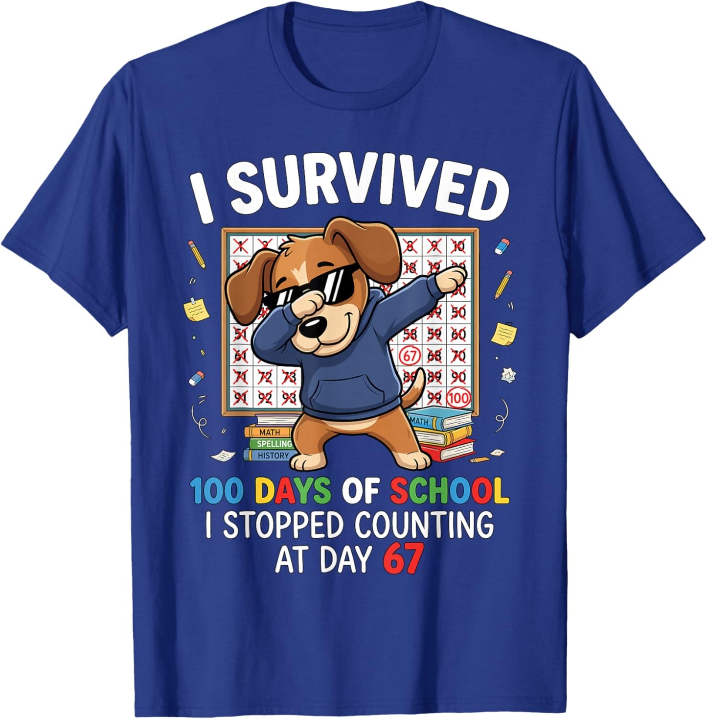 100 Days of School 67 Humor Dabbing Dog Students Teachers T-Shirt - T-Shirt | Royal