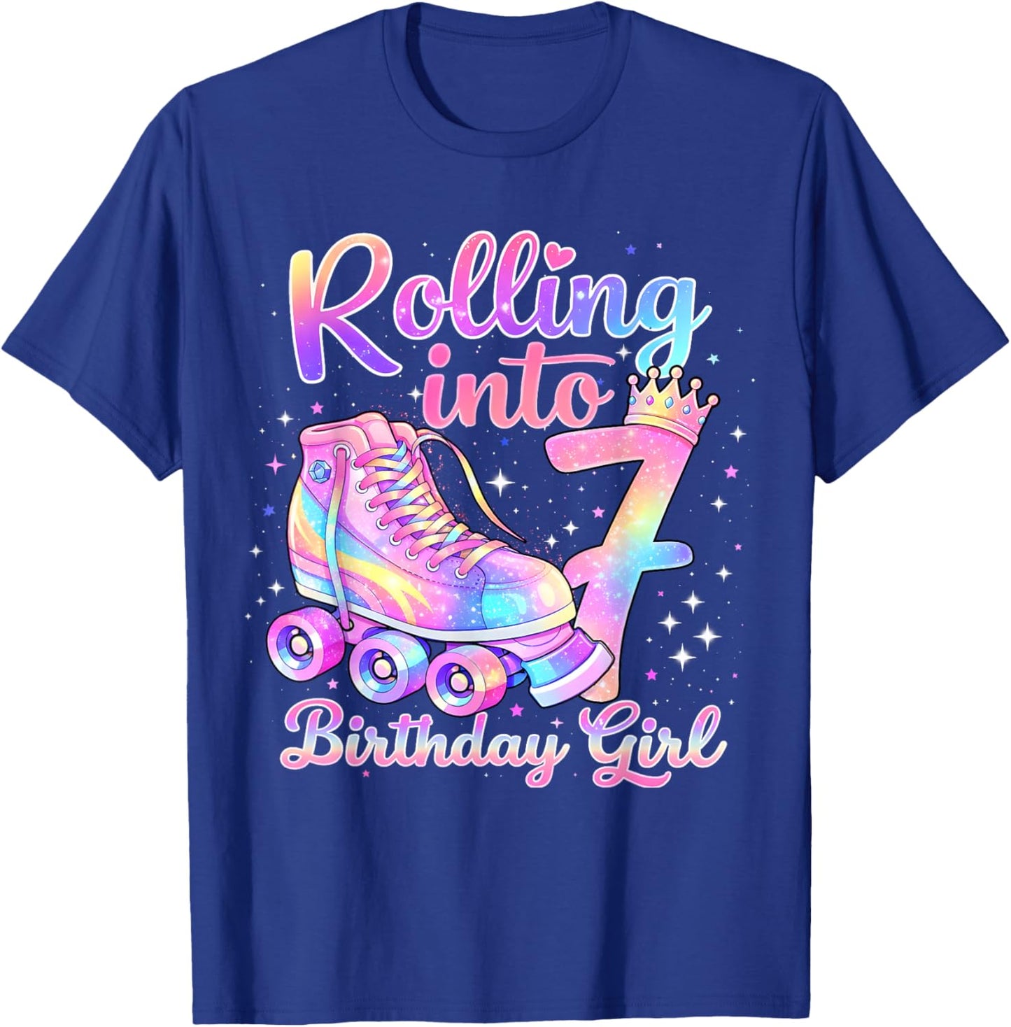 Rolling Into 7 Years Old Roller Skating Girl 7th Birthday T-Shirt - T-Shirt | Royal