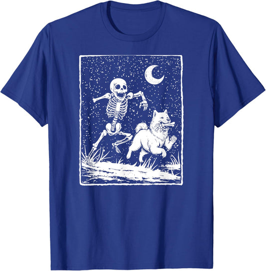 Skeleton Chasing Samoyed Dog – Spooky Halloween T-Shirt - T-Shirt | Royal