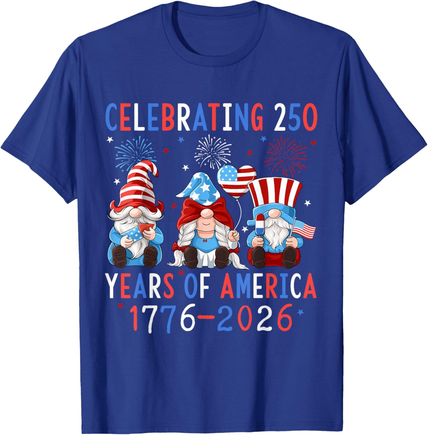 Celebrating 250 Years of America 1776 2026 Patriotic Gnomes T-Shirt - T-Shirt | Royal