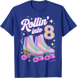 Rollin' Into 8 Roller Skating 8th Birthday Roller Skater T-Shirt - T-Shirt | Royal