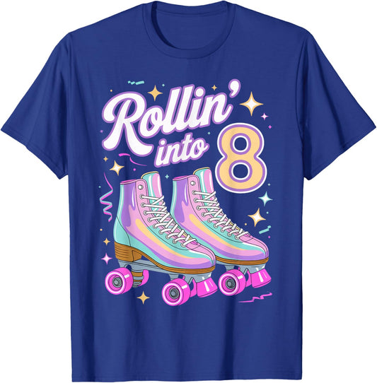 Rollin' Into 8 Roller Skating 8th Birthday Roller Skater T-Shirt - T-Shirt | Royal