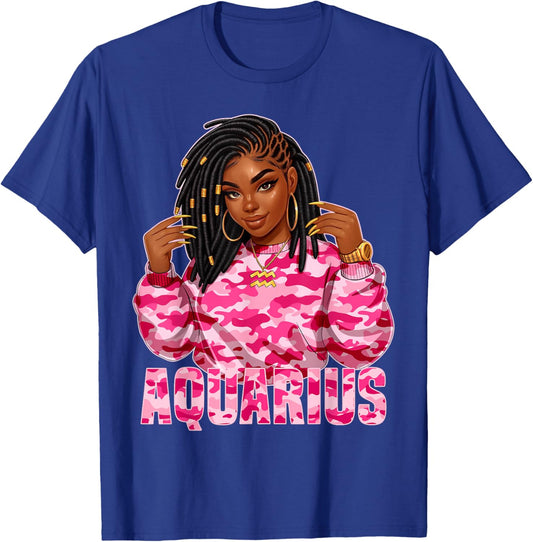 Aquarius Queen Loc'd Black Woman Pink Camo Zodiac Sign T-Shirt - T-Shirt | Royal