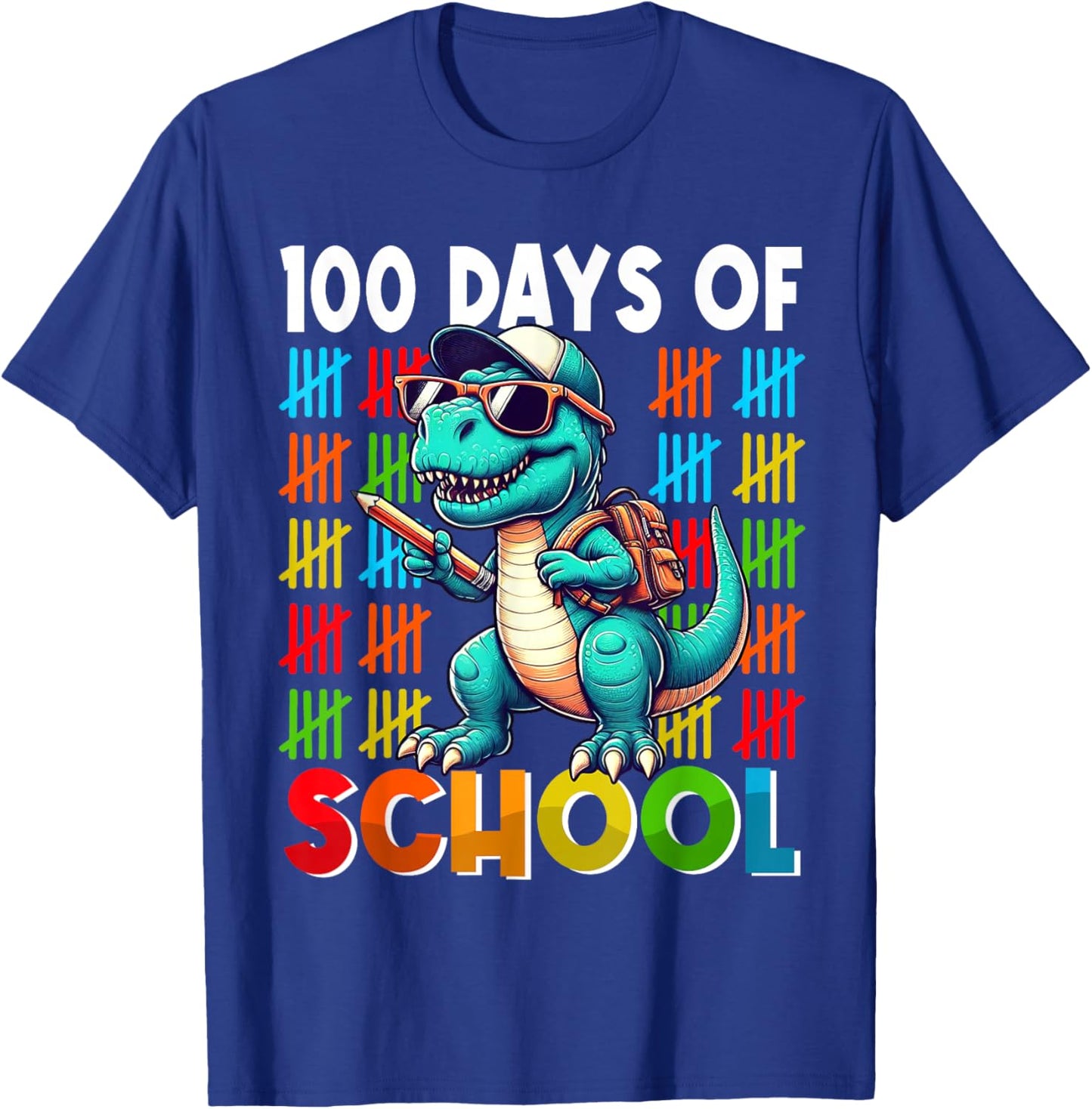 Happy 100th Day of School Dino Kids 100 Days Dinosaur T Rex T-Shirt - T-Shirt | Royal