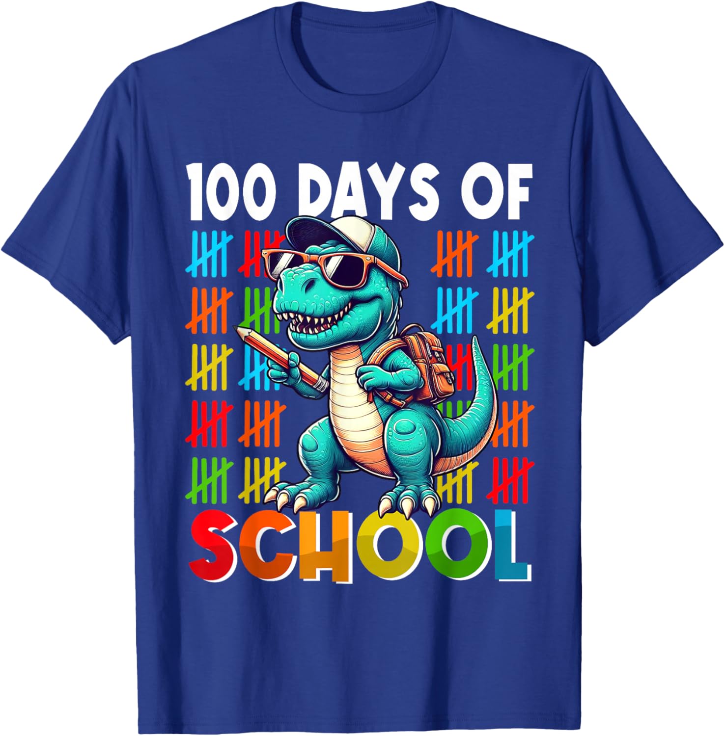 Happy 100th Day of School Dino Kids 100 Days Dinosaur T Rex T-Shirt - T-Shirt | Royal