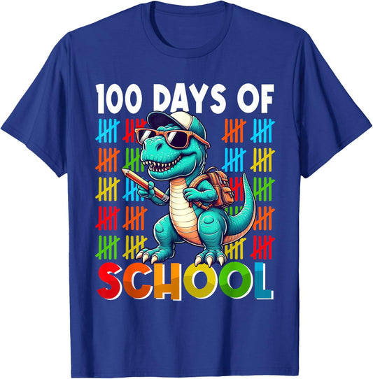 Happy 100th Day of School Dino Kids 100 Days Dinosaur T Rex T-Shirt - T-Shirt | Royal