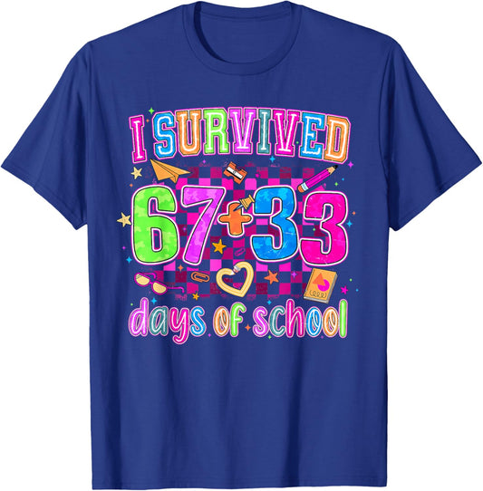 Preppy I Survived 67 + 33 100 Days of School Teacher Student T-Shirt - T-Shirt | Royal