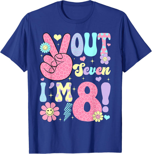 Groovy Peace Out Seven I'm 8 Years Old 8th Birthday Girls Ki T-Shirt - T-Shirt | Royal
