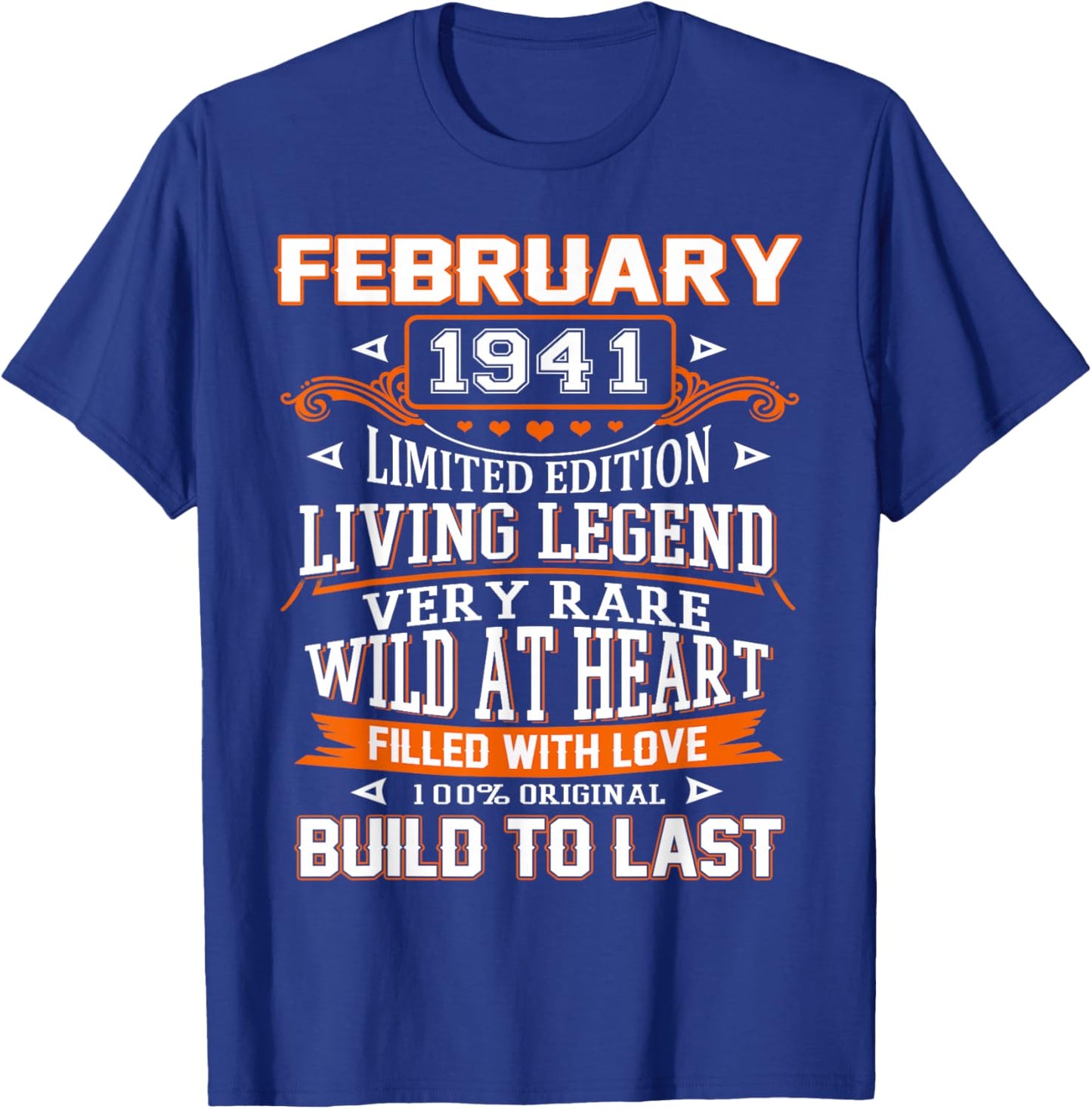 85th Birthday Gift Build to Last February 1941 85 Years Old T-Shirt - T-Shirt | Royal