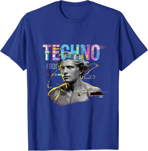 Futuristic Techno Statue Glitch Raver DJ Festival T-Shirt - T-Shirt | Royal