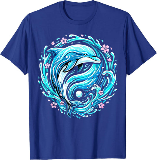 Cute Dolphin Ocean Wave Floral T-Shirt - T-Shirt | Royal