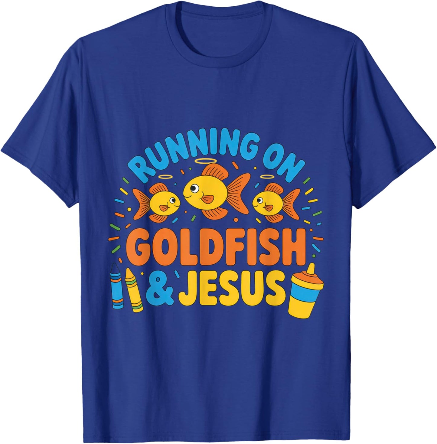 Running on Goldfish and Jesus Funny Christian Mom Life Kids T-Shirt - T-Shirt | Royal