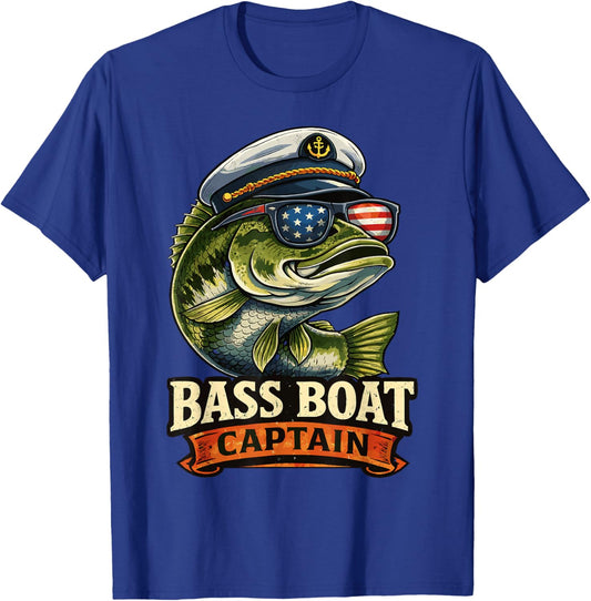 Funny Bass Boat Captain Patriotic American Flag Fishing T-Shirt - T-Shirt | Royal