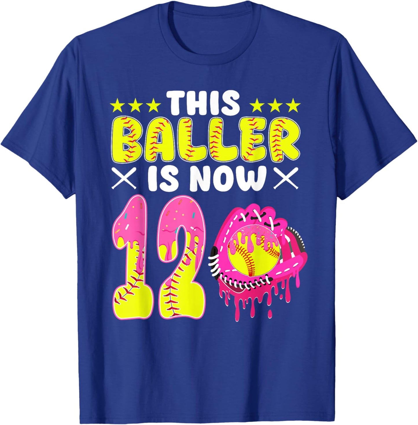 This Baller is Now 12 Year Old Bday Softball Ice Cream Drip T-Shirt - T-Shirt | Royal