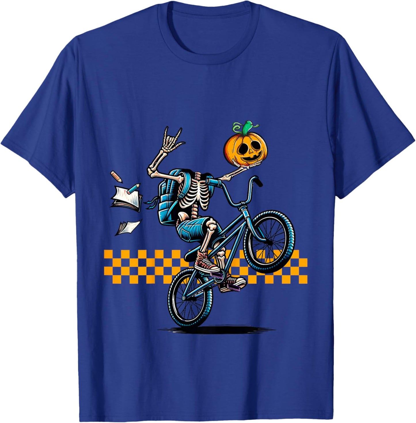 Kids Kids Halloween Skeleton Riding a BMX Bike Popping a Wheelie T-Shirt - T-Shirt | Royal