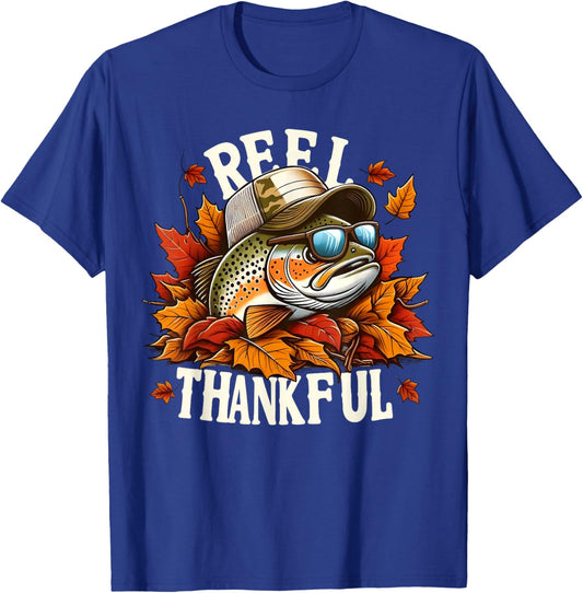 Reel Thankful Thanksgiving Bass Fishing Football Turkey T-Shirt - T-Shirt | Royal