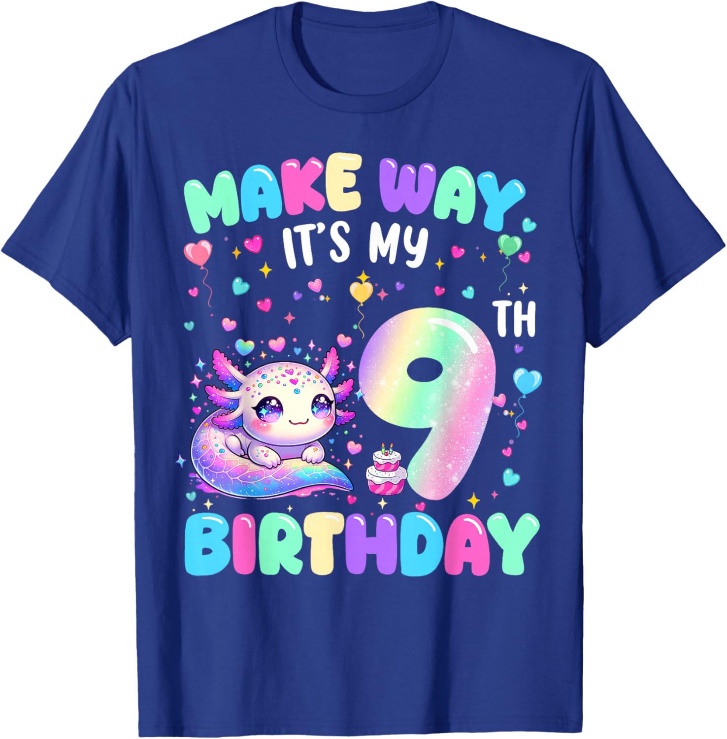 It's My 9th Birthday Girl Cute Axolotl 9 Year Old Bday Kids T-Shirt - T-Shirt | Royal