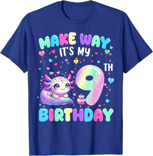 It's My 9th Birthday Girl Cute Axolotl 9 Year Old Bday Kids T-Shirt - T-Shirt | Royal