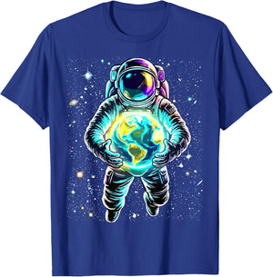 Astronaut Holding Earth Space T-Shirt - T-Shirt | Royal