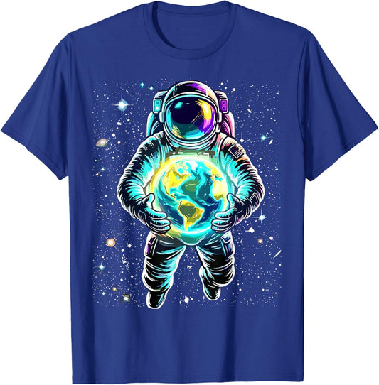 Astronaut Holding Earth Space T-Shirt - T-Shirt | Royal