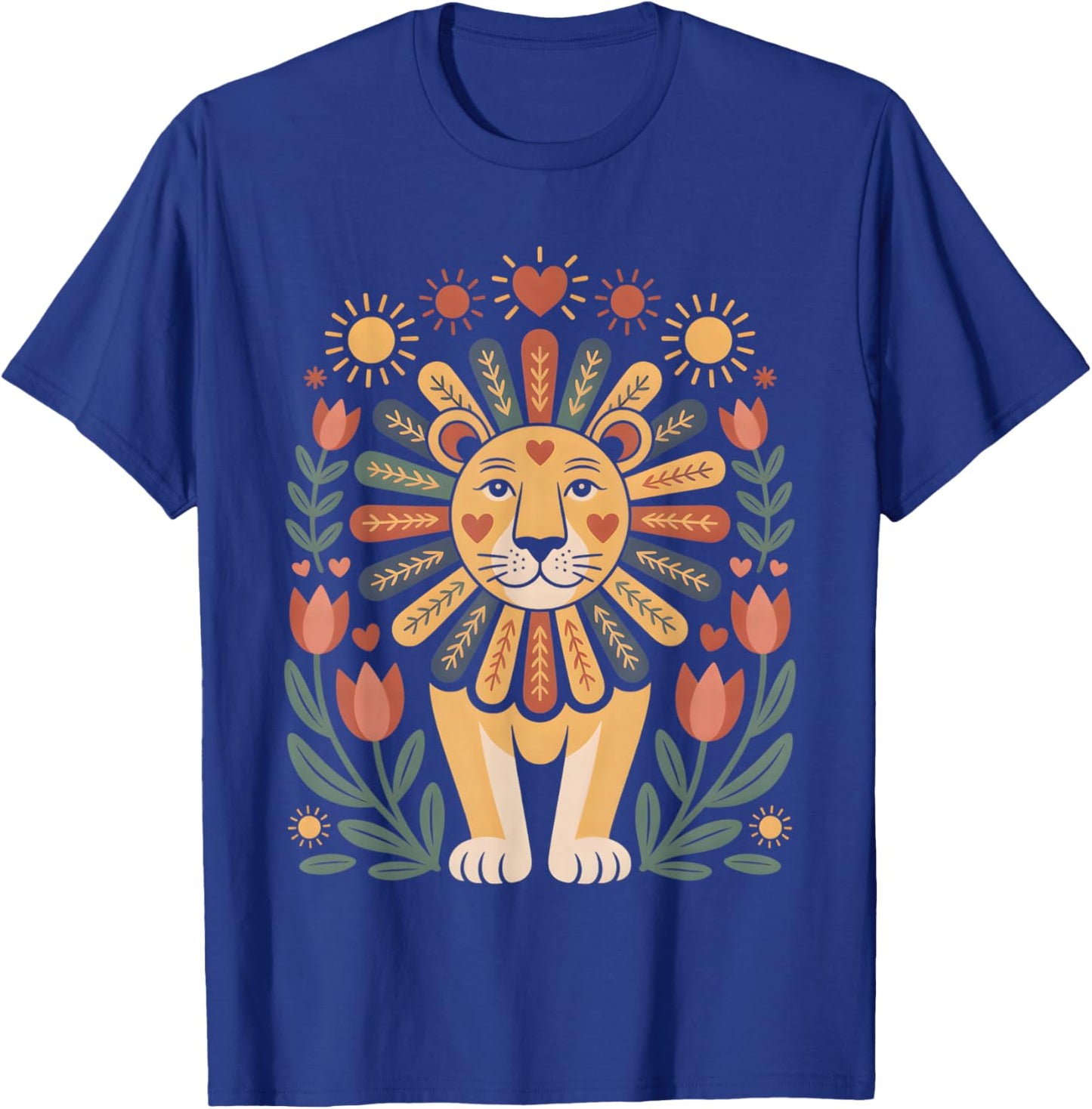 Scandinavian Folk Art Lion Floral Mane Jungle Sunshine Boho T-Shirt - T-Shirt | Royal