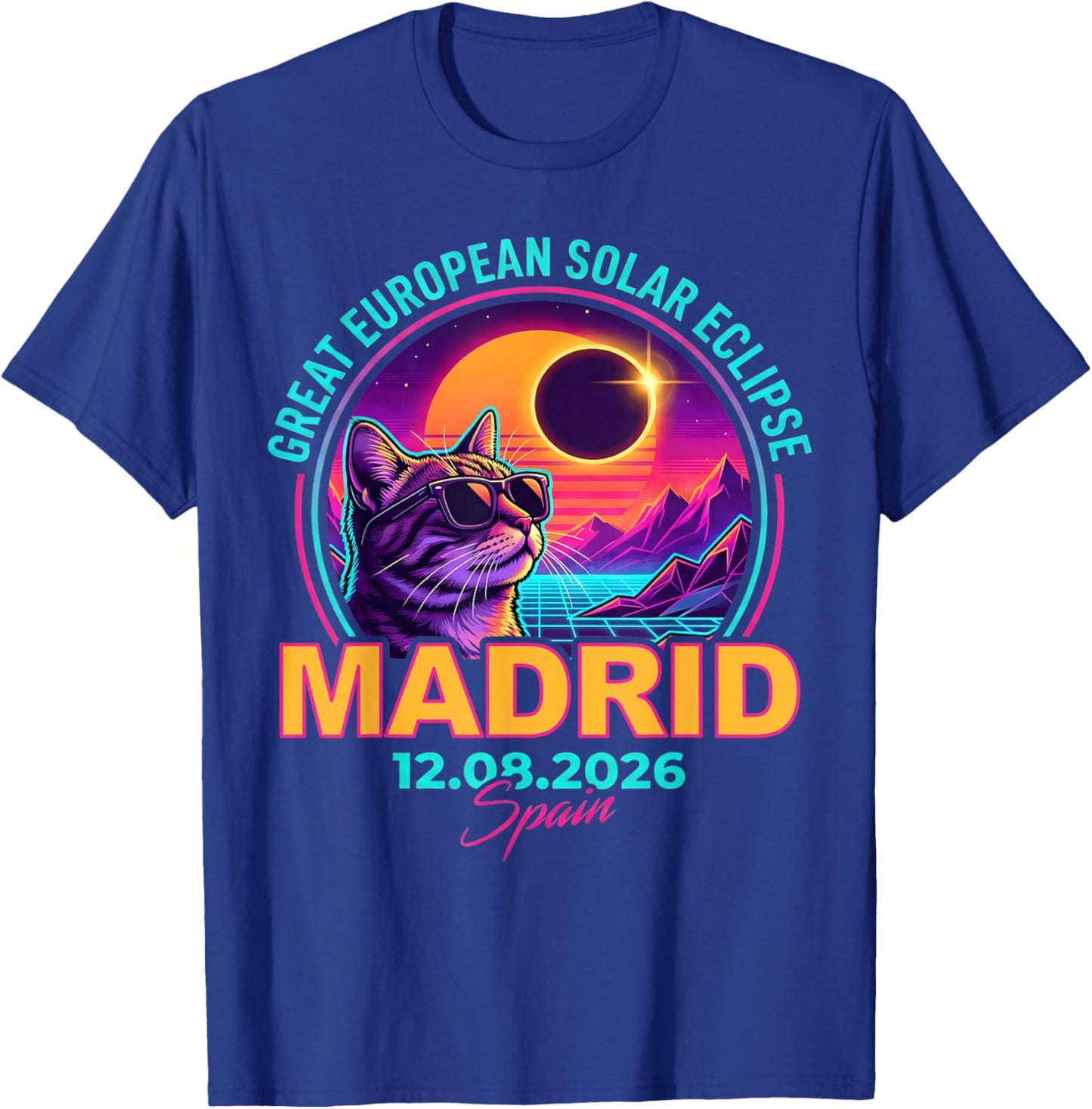 Great European Solar Eclipse 2026 Madrid Spain Cat Retro T-Shirt - T-Shirt | Royal