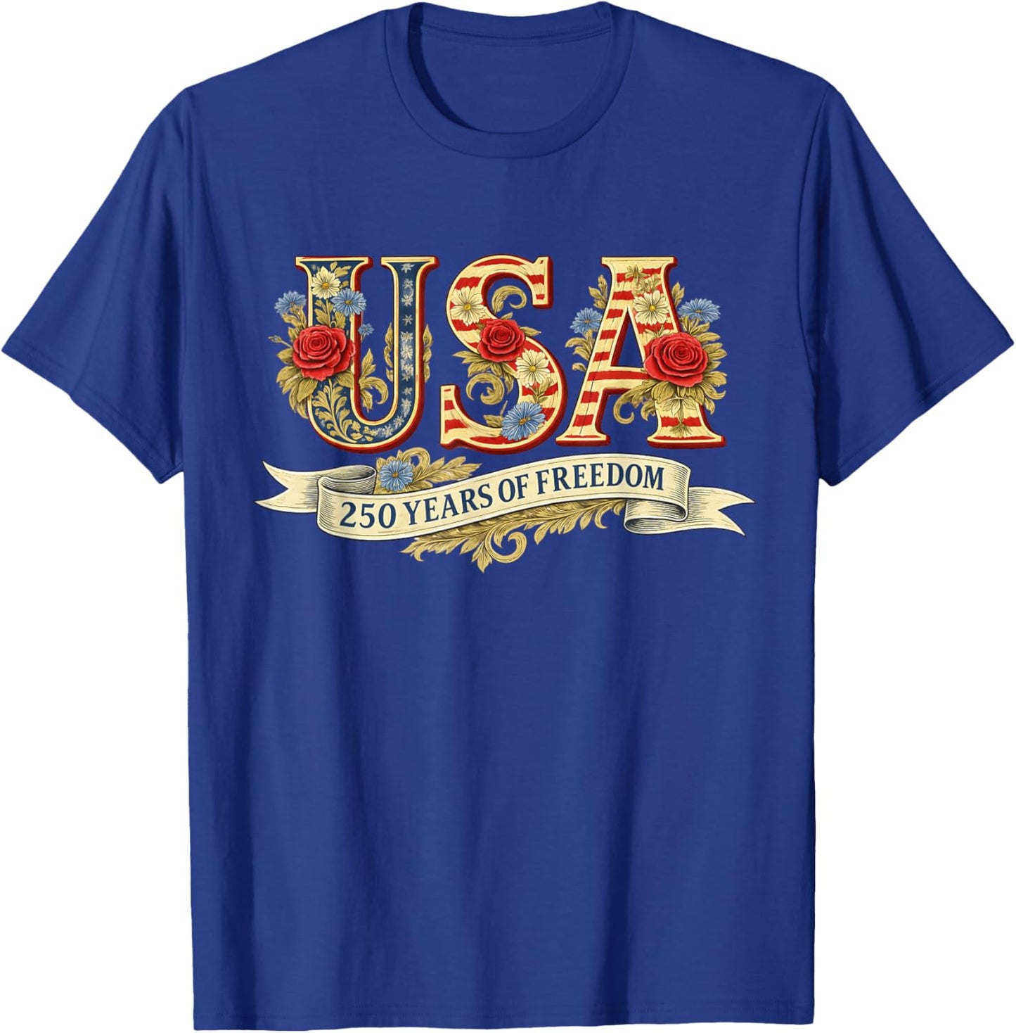 USA Floral Letters 250 Years of Freedom Vintage T-Shirt - T-Shirt | Royal