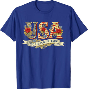 USA Floral Letters 250 Years of Freedom Vintage T-Shirt - T-Shirt | Royal