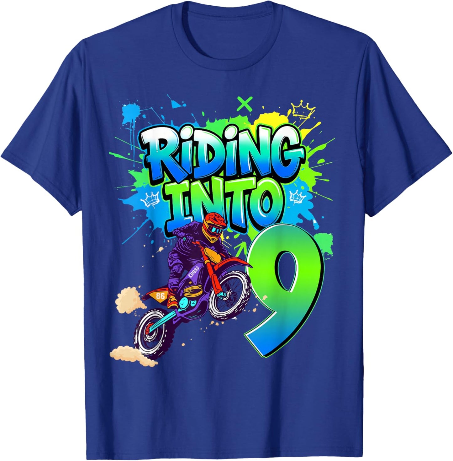 Riding Into 9 Years Old 9th Birthday Dirt Bike Boy Party T-Shirt - T-Shirt | Royal