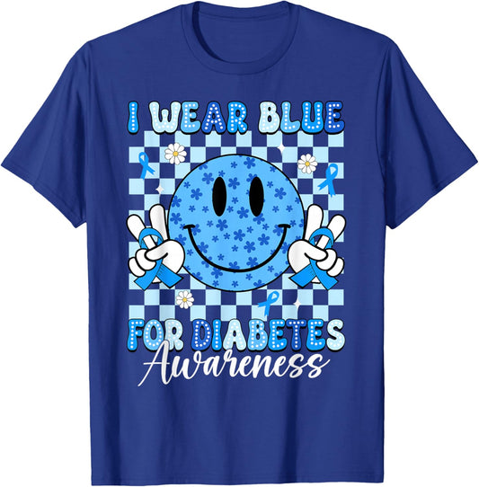 I Wear Blue for Diabetes Awareness Smile Face Blue Ribbon T-Shirt - T-Shirt | Royal