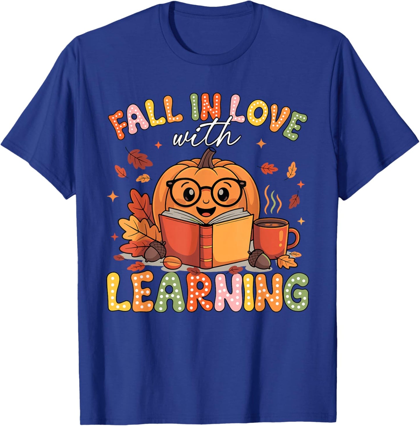 Retro Fall in Love with Learning Pumpkin Teacher Autumn T-Shirt - T-Shirt | Royal