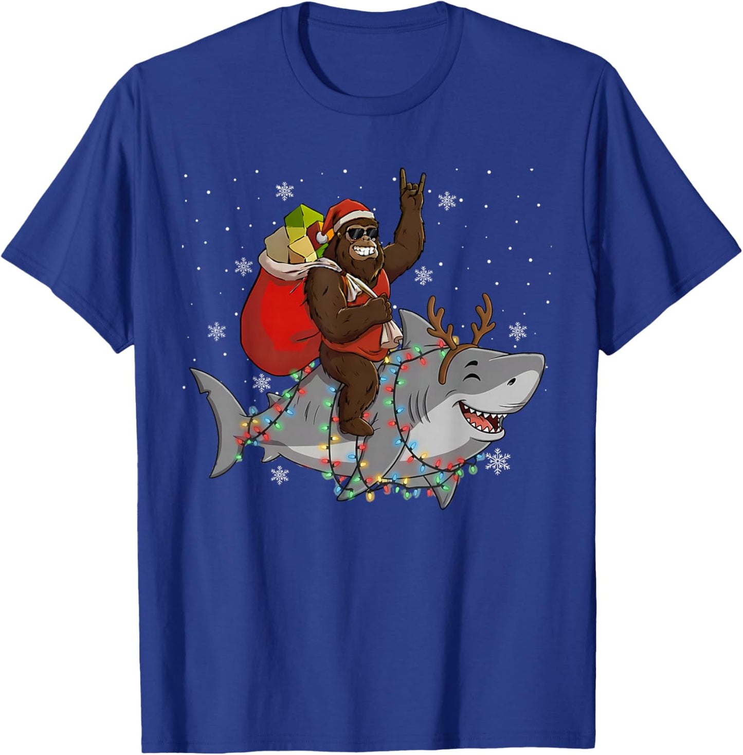 Bigfoot Riding Shark Deer Xmas Shark Christmas T-Shirt - T-Shirt | Royal