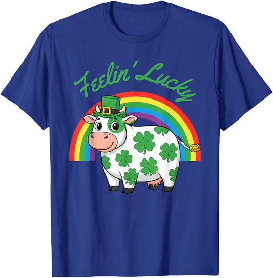 Feelin Lucky St Patricks Day Cow Funny Irish Shamrock Cow T-Shirt - T-Shirt | Royal